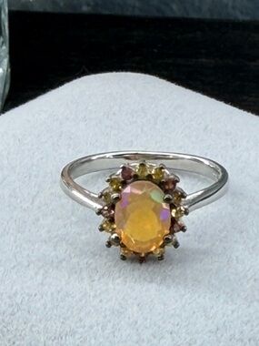 Enchanting Fire Opal Diamond Cut Sapphire halo 925 Sterling Silver Ring Sz 7